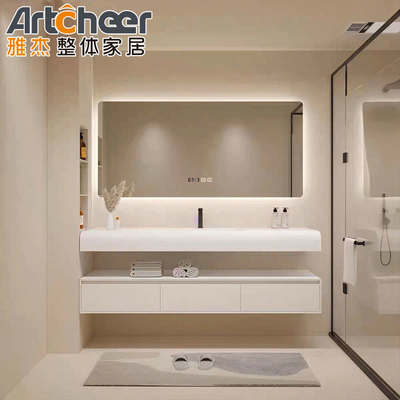 kopen Stijlvolle massief houten badkamer vanity met lade opslag en duurzame Carrara marmeren top online vervaardiging