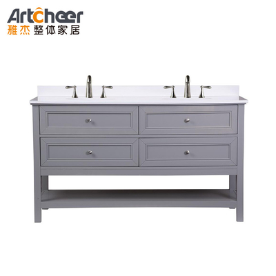 kopen Massivhouten benen badkamer vanity kast met dubbele gootsteen en 4 laden in modern ontwerp online vervaardiging